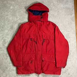 Vintage L.L. Bean Red Hooded Parka Jacket Plaid Fleece Lined Mens Large 80s 90s
